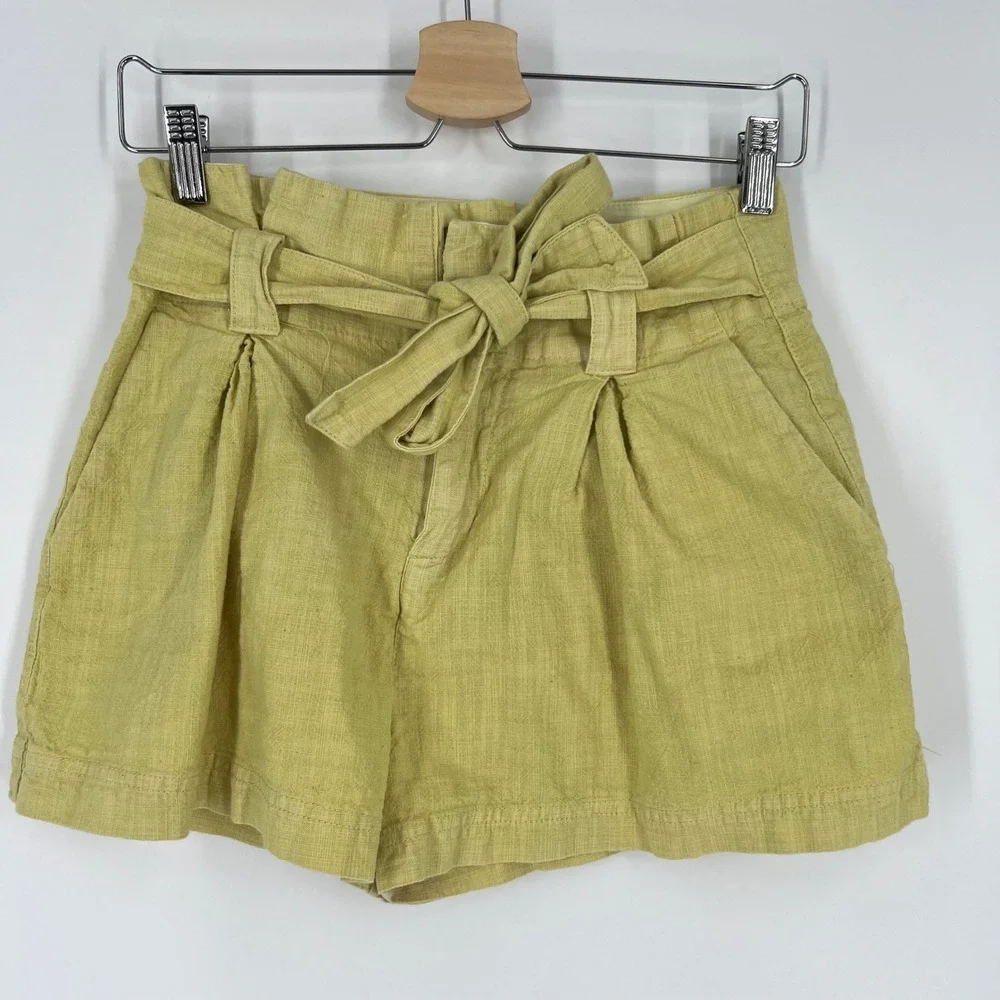 Free People Yellow Paperbag Shorts 0 High Rise Belted Boho Coastal‎ Summer